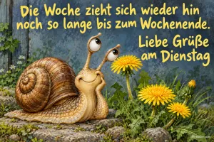 Lächelnde Schnecke stützt den Kopf und schaut auf Löwenzahnblüten, Text: Die Woche zieht sich wieder hin noch so lange bis zum Wochenende. Liebe Grüße am Dienstag