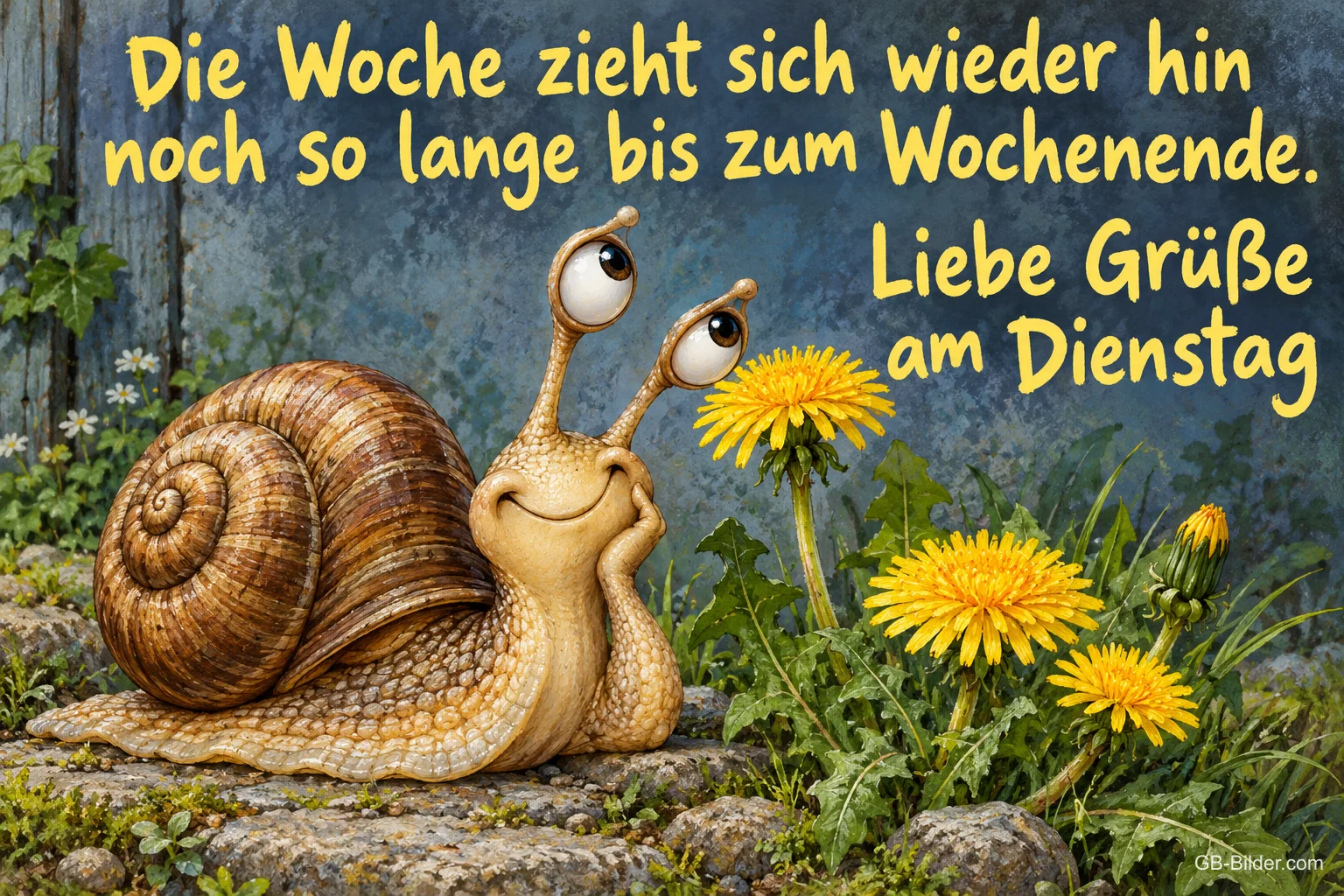 Lächelnde Schnecke stützt den Kopf und schaut auf Löwenzahnblüten, Text: Die Woche zieht sich wieder hin noch so lange bis zum Wochenende. Liebe Grüße am Dienstag Lächelnde Schnecke stützt den Kopf und schaut auf Löwenzahnblüten, Text: Die Woche zieht sich wieder hin noch so lange bis zum Wochenende. Liebe Grüße am Dienstag