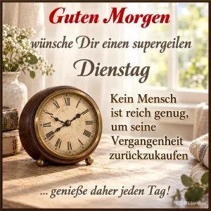Alte Tischuhr auf einem Holztisch am Fenster, Text: Guten Morgen – wünsche Dir einen supergeilen Dienstag. Kein Mensch ist reich genug, um seine Vergangenheit zurückzukaufen … genieße daher jeden Tag!