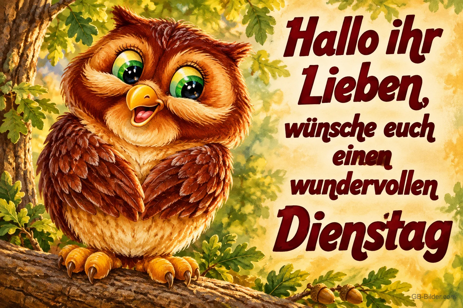Lachende Eule mit großen grünen Augen auf einem Ast im Herbstlaub, Text: Hallo ihr Lieben, wünsche euch einen wundervollen Dienstag Lachende Eule mit großen grünen Augen auf einem Ast im Herbstlaub, Text: Hallo ihr Lieben, wünsche euch einen wundervollen Dienstag