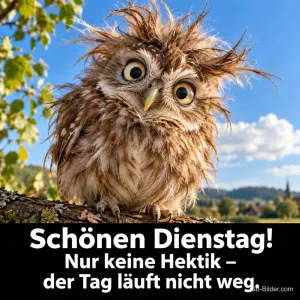 Zerzauste Eule mit großen Augen auf einem Ast, Text: Schönen Dienstag! Nur keine Hektik – der Tag läuft nicht weg.