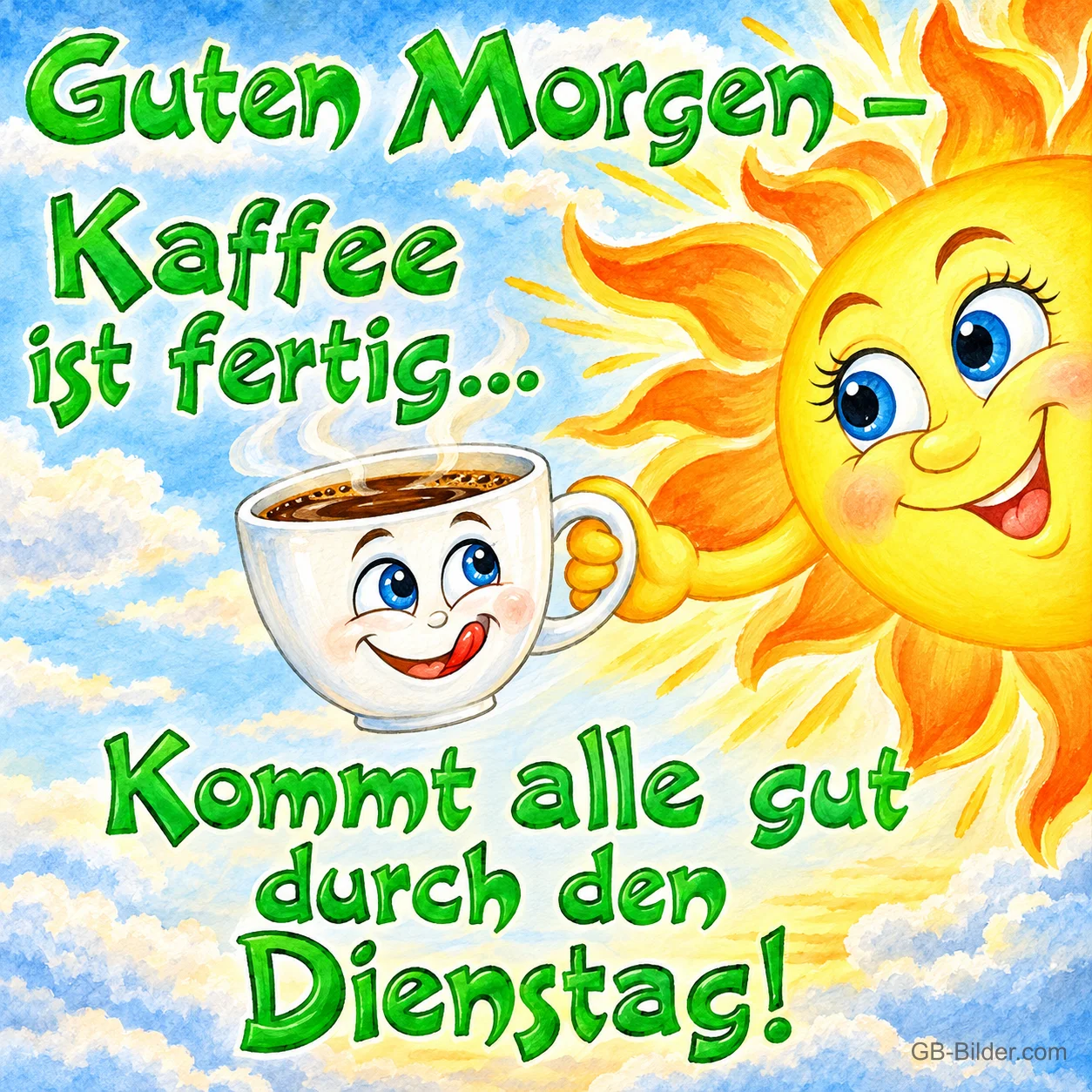 Lachende Sonne hält eine fröhliche Kaffeetasse, Text: Guten Morgen – Kaffee ist fertig... Kommt alle gut durch den Dienstag!