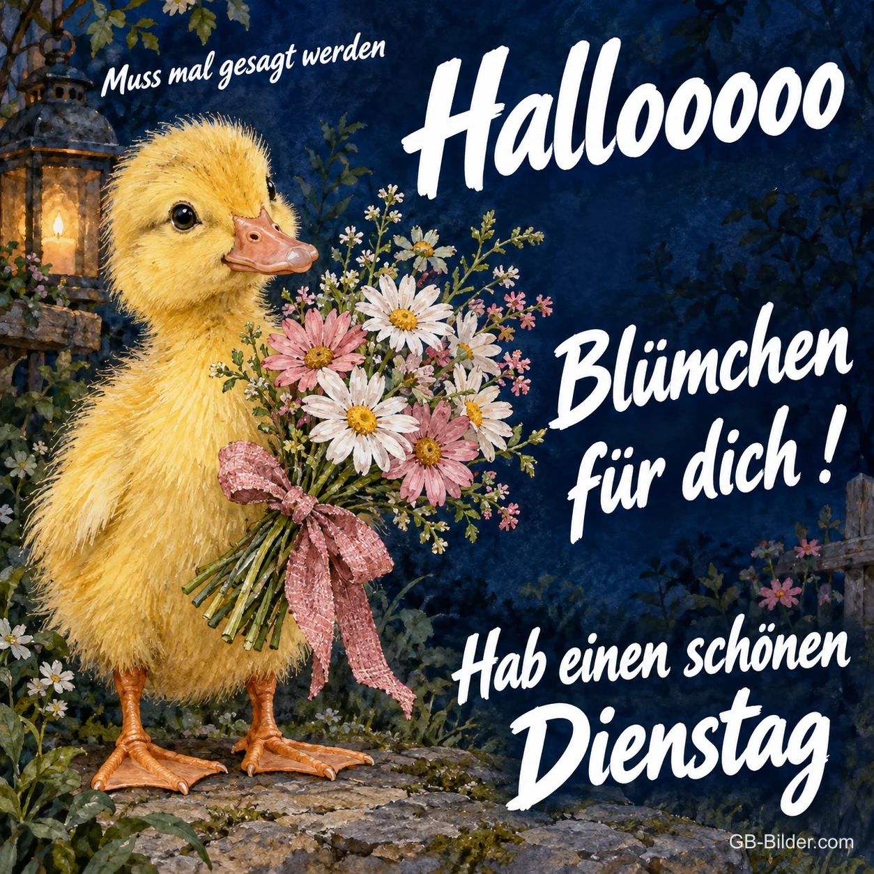 Entenküken hält einen Blumenstrauß mit Schleife, Text: Muss mal gesagt werden – Hallooooo – Blümchen für dich! Hab einen schönen Dienstag Entenküken hält einen Blumenstrauß mit Schleife, Text: Muss mal gesagt werden – Hallooooo – Blümchen für dich! Hab einen schönen Dienstag