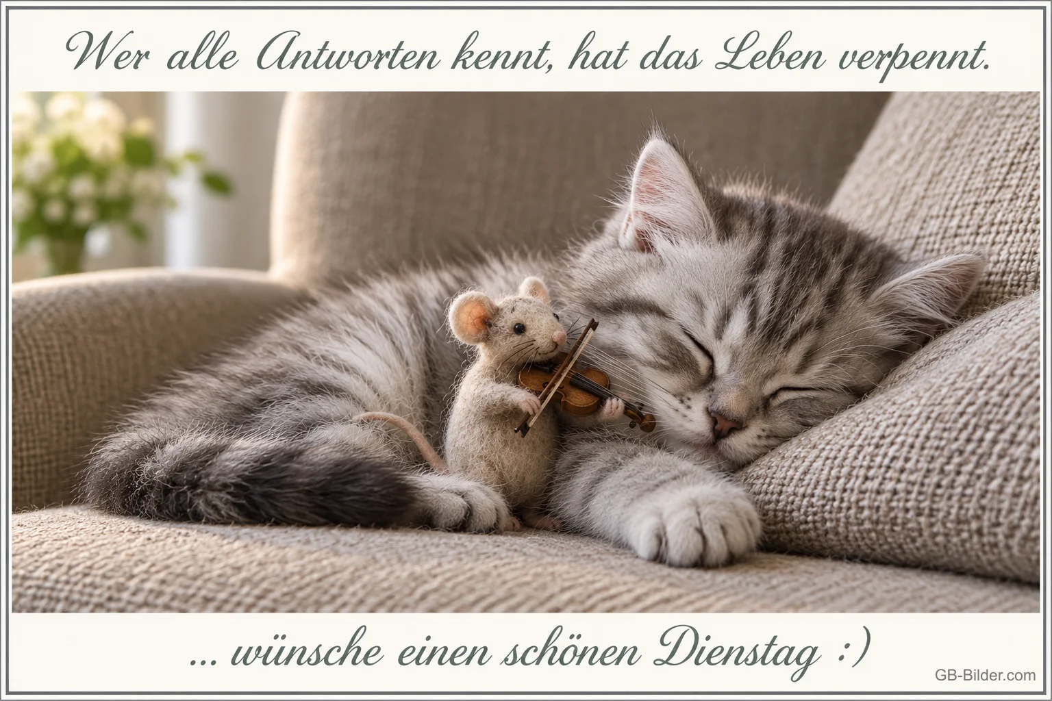 Kleine Maus spielt Geige neben einem schlafenden Kätzchen, Text: Wer alle Antworten kennt, hat das Leben verpennt. … wünsche einen schönen Dienstag :) Kleine Maus spielt Geige neben einem schlafenden Kätzchen, Text: Wer alle Antworten kennt, hat das Leben verpennt. … wünsche einen schönen Dienstag :)
