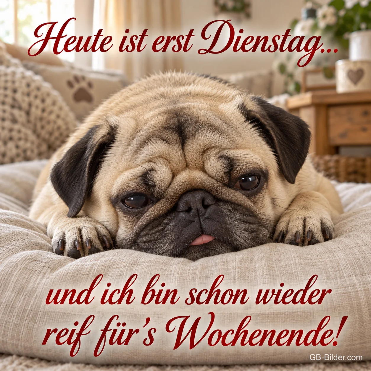 Müder Mops liegt auf einem Kissen, Text: Heute ist erst Dienstag… und ich bin schon wieder reif für’s Wochenende! Müder Mops liegt auf einem Kissen, Text: Heute ist erst Dienstag… und ich bin schon wieder reif für’s Wochenende!