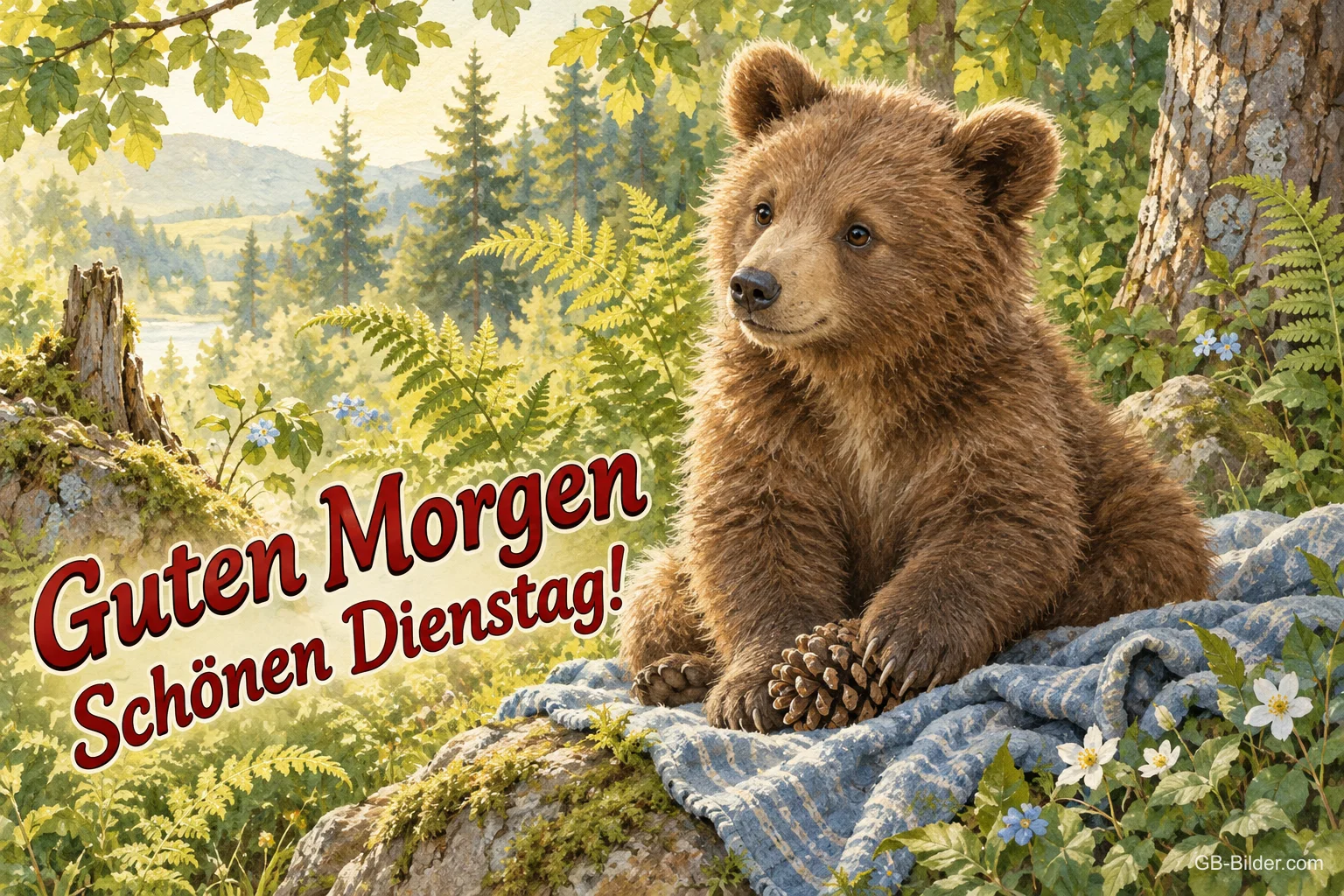 Bärenjunges sitzt auf einer Decke im Wald, Text: Guten Morgen – Schönen Dienstag! Bärenjunges sitzt auf einer Decke im Wald, Text: Guten Morgen – Schönen Dienstag!