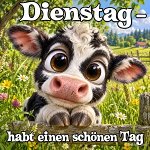 Kalb mit großen Augen schaut über einen Holzzaun, Text: Dienstag – habt einen schönen Tag