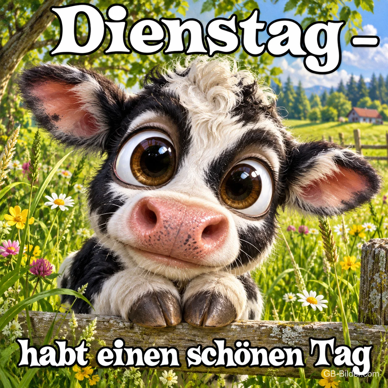 Kalb mit großen Augen schaut über einen Holzzaun, Text: Dienstag – habt einen schönen Tag