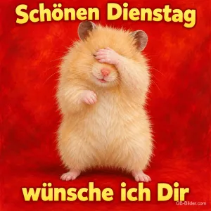 Hamster hält sich verlegen die Pfote vor die Augen vor rotem Hintergrund, Text: Schönen Dienstag wünsche ich Dir