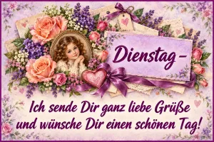 Nostalgisches Mädchenporträt zwischen Rosen, Flieder und Schleifen, Text: Dienstag – Ich sende Dir ganz liebe Grüße und wünsche Dir einen schönen Tag!