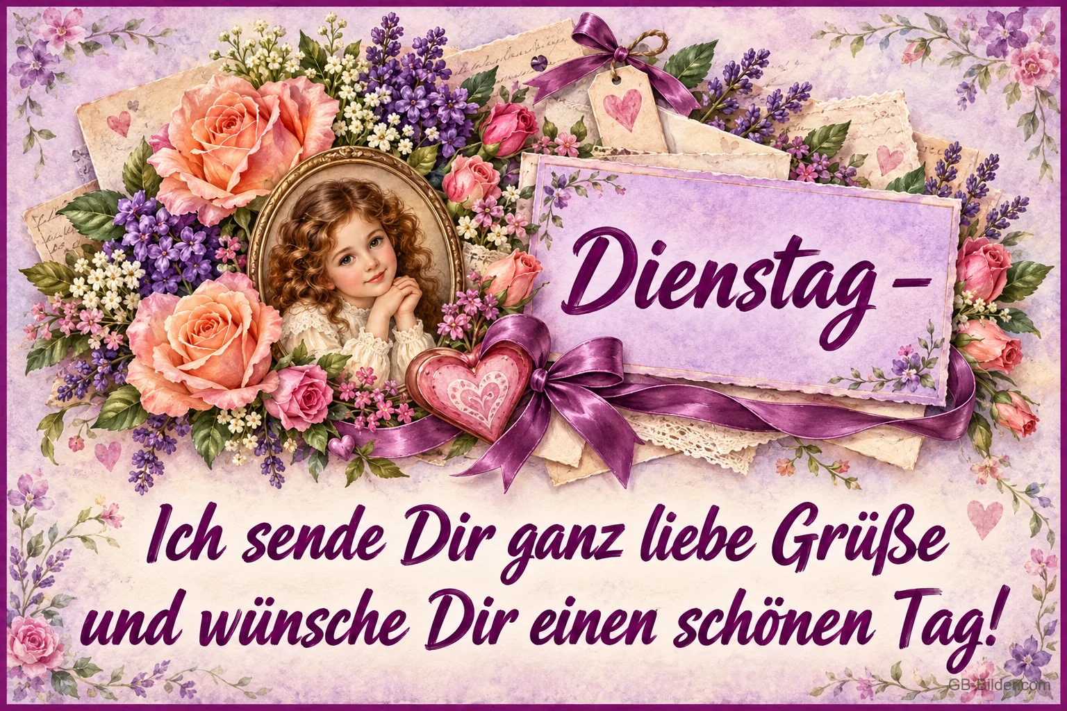 Nostalgisches Mädchenporträt zwischen Rosen, Flieder und Schleifen, Text: Dienstag – Ich sende Dir ganz liebe Grüße und wünsche Dir einen schönen Tag! Nostalgisches Mädchenporträt zwischen Rosen, Flieder und Schleifen, Text: Dienstag – Ich sende Dir ganz liebe Grüße und wünsche Dir einen schönen Tag!