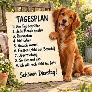 Golden Retriever hält einen Zettel mit Tagesplan im Garten, Text: TAGESPLAN: 1. Den Tag begrüßen 2. Jede Menge spielen 3. Rausgehen 4. Mal sehen 5. Besuch kommt 6. Fressen (nicht den Besuch!) 7. Überraschung 8. So dies und das 9. Ich will noch nicht ins Bett – Schönen Dienstag!