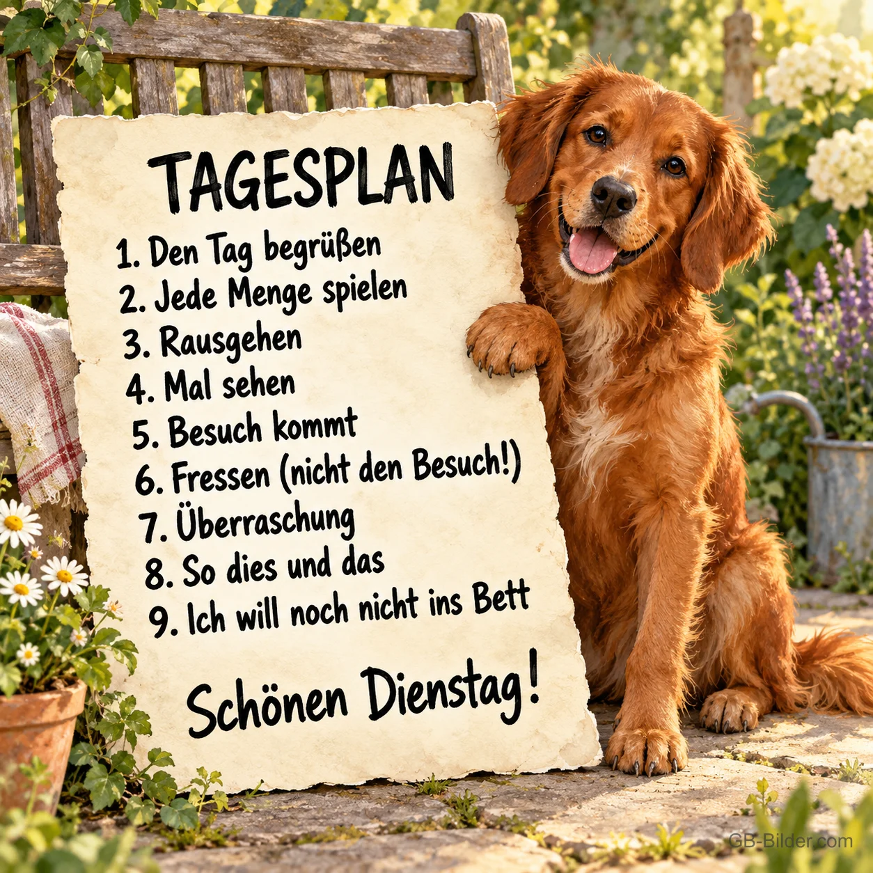 Golden Retriever hält einen Zettel mit Tagesplan im Garten, Text: TAGESPLAN: 1. Den Tag begrüßen 2. Jede Menge spielen 3. Rausgehen 4. Mal sehen 5. Besuch kommt 6. Fressen (nicht den Besuch!) 7. Überraschung 8. So dies und das 9. Ich will noch nicht ins Bett – Schönen Dienstag! Golden Retriever hält einen Zettel mit Tagesplan im Garten, Text: TAGESPLAN: 1. Den Tag begrüßen 2. Jede Menge spielen 3. Rausgehen 4. Mal sehen 5. Besuch kommt 6. Fressen (nicht den Besuch!) 7. Überraschung 8. So dies und das 9. Ich will noch nicht ins Bett – Schönen Dienstag!