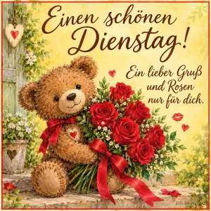 Teddybär hält einen Strauß roter Rosen mit Schleife, Text: Einen schönen Dienstag! Ein lieber Gruß und Rosen nur für dich.