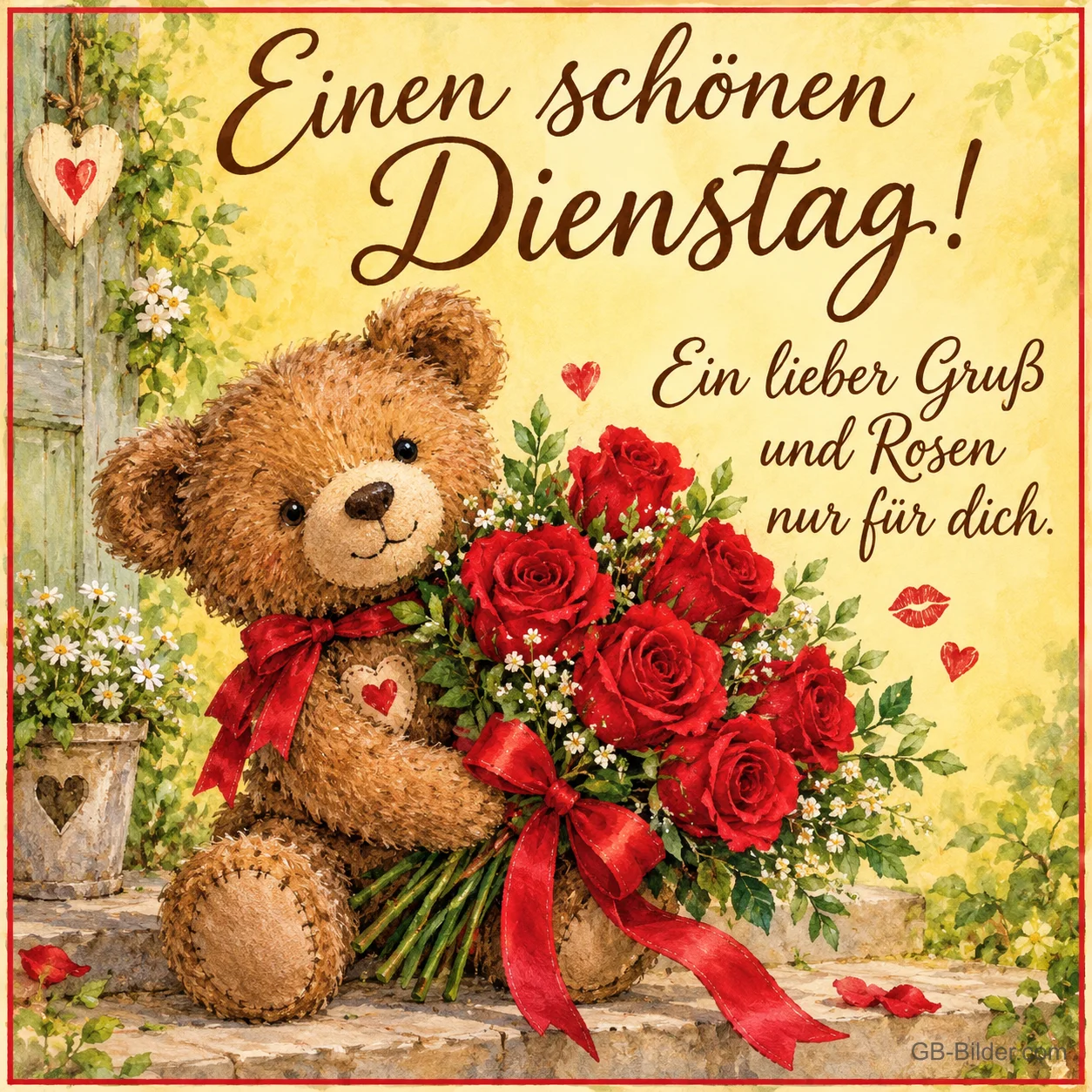 Teddybär hält einen Strauß roter Rosen mit Schleife, Text: Einen schönen Dienstag! Ein lieber Gruß und Rosen nur für dich. Teddybär hält einen Strauß roter Rosen mit Schleife, Text: Einen schönen Dienstag! Ein lieber Gruß und Rosen nur für dich.