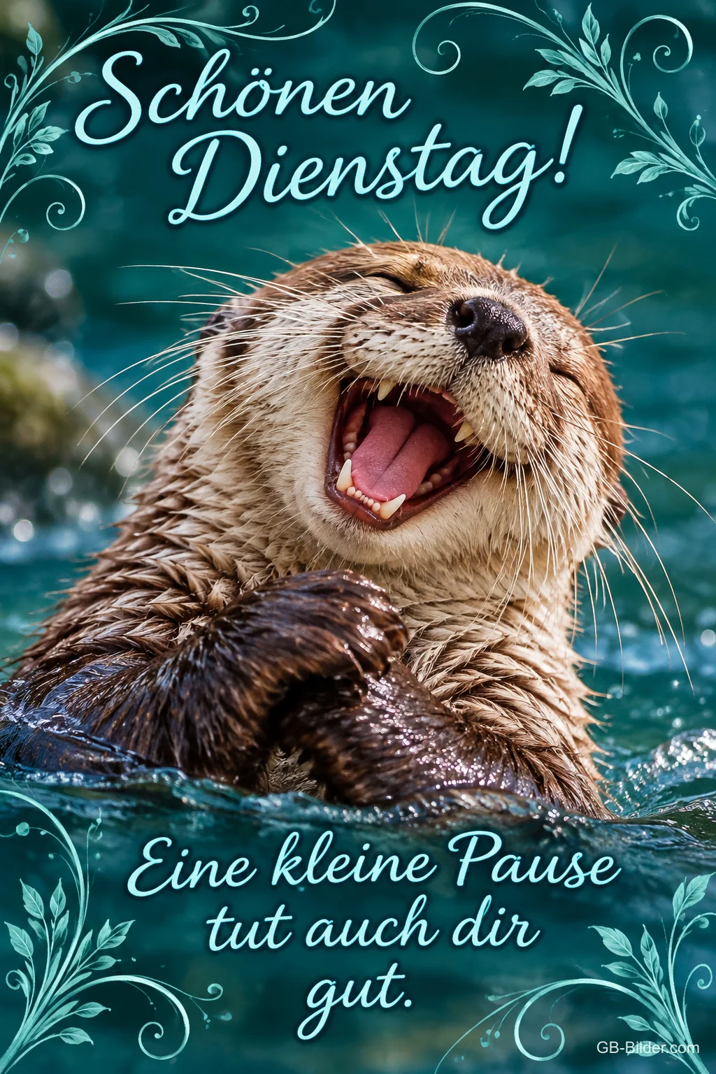 Otter lacht herzhaft im Wasser, Text: Schönen Dienstag! Eine kleine Pause tut auch dir gut. Otter lacht herzhaft im Wasser, Text: Schönen Dienstag! Eine kleine Pause tut auch dir gut.