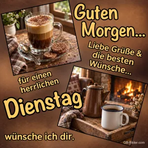 Kakao im Glas und Kaffeekanne vor dem Kamin, Text: Guten Morgen, liebe Grüße und die besten Wünsche für einen herrlichen Dienstag