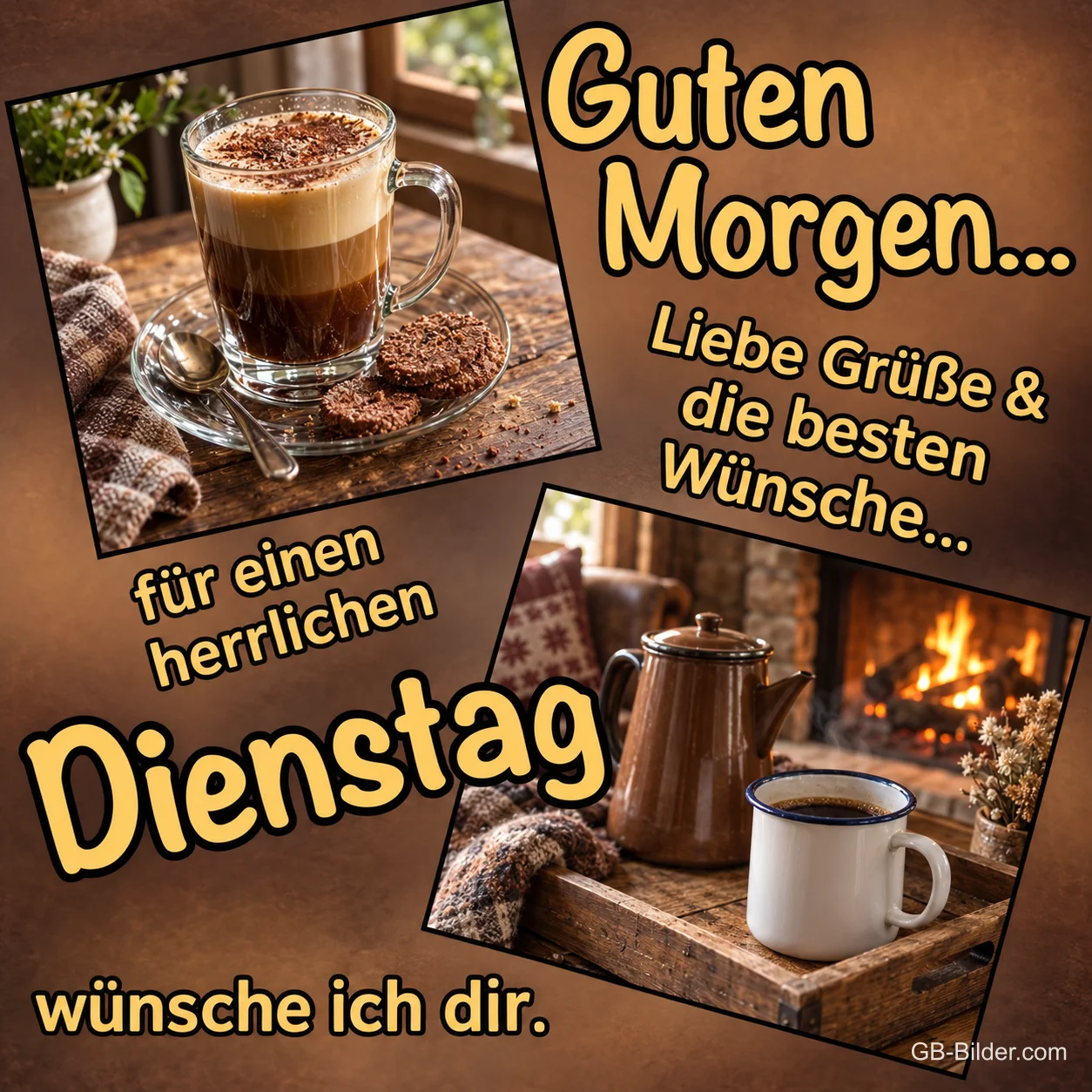 Kakao im Glas und Kaffeekanne vor dem Kamin, Text: Guten Morgen, liebe Grüße und die besten Wünsche für einen herrlichen Dienstag
