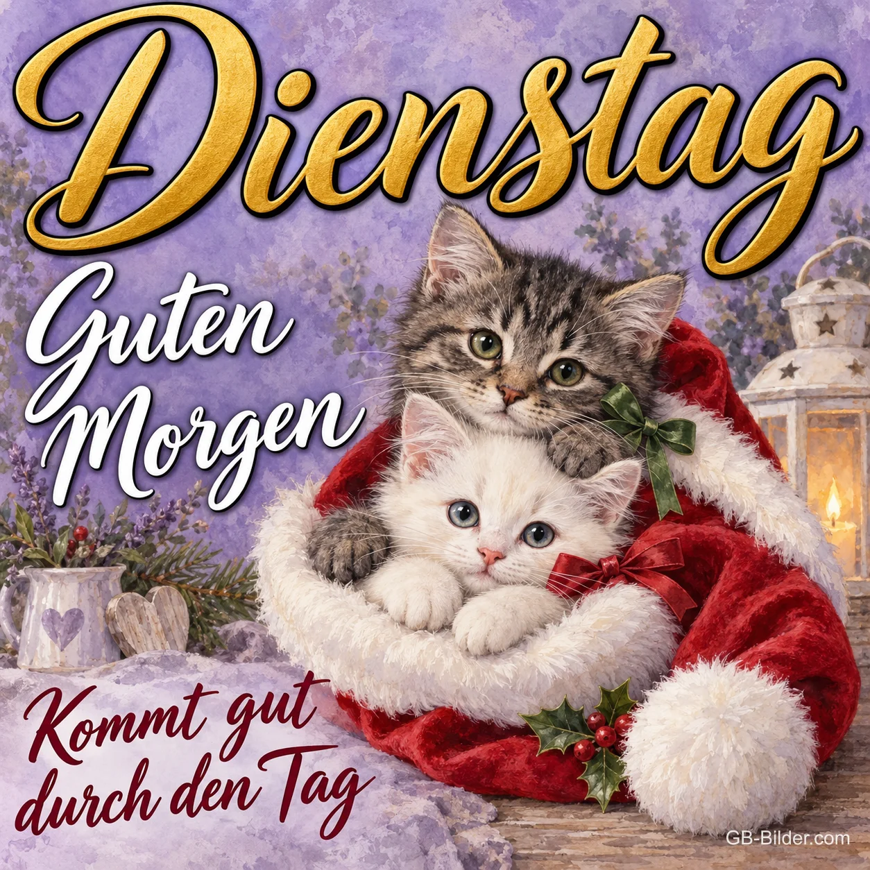 Zwei Kätzchen in einer roten Mütze, Text: Dienstag – Guten Morgen, kommt gut durch den Tag Zwei Kätzchen in einer roten Mütze, Text: Dienstag – Guten Morgen, kommt gut durch den Tag