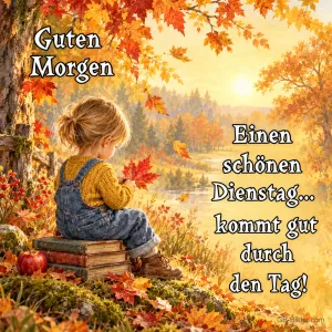Kind mit Ahornblatt im Herbstlaub, Text: Guten Morgen – Einen schönen Dienstag, kommt gut durch den Tag!