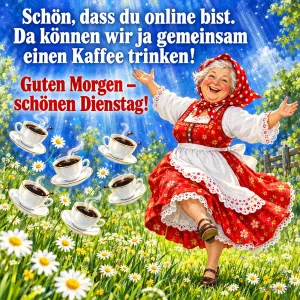 Fröhliche Großmutter in roter Tracht tanzt zwischen Kaffeetassen auf einer Wiese, Text: Schön, dass du online bist. Da können wir ja gemeinsam einen Kaffee trinken! Guten Morgen – schönen Dienstag!