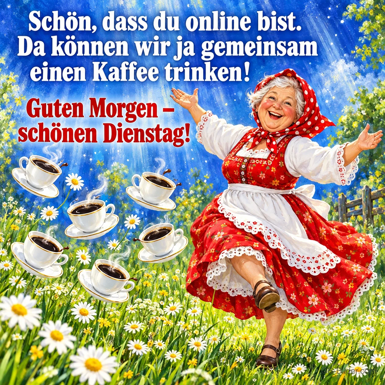 Fröhliche Großmutter in roter Tracht tanzt zwischen Kaffeetassen auf einer Wiese, Text: Schön, dass du online bist. Da können wir ja gemeinsam einen Kaffee trinken! Guten Morgen – schönen Dienstag!