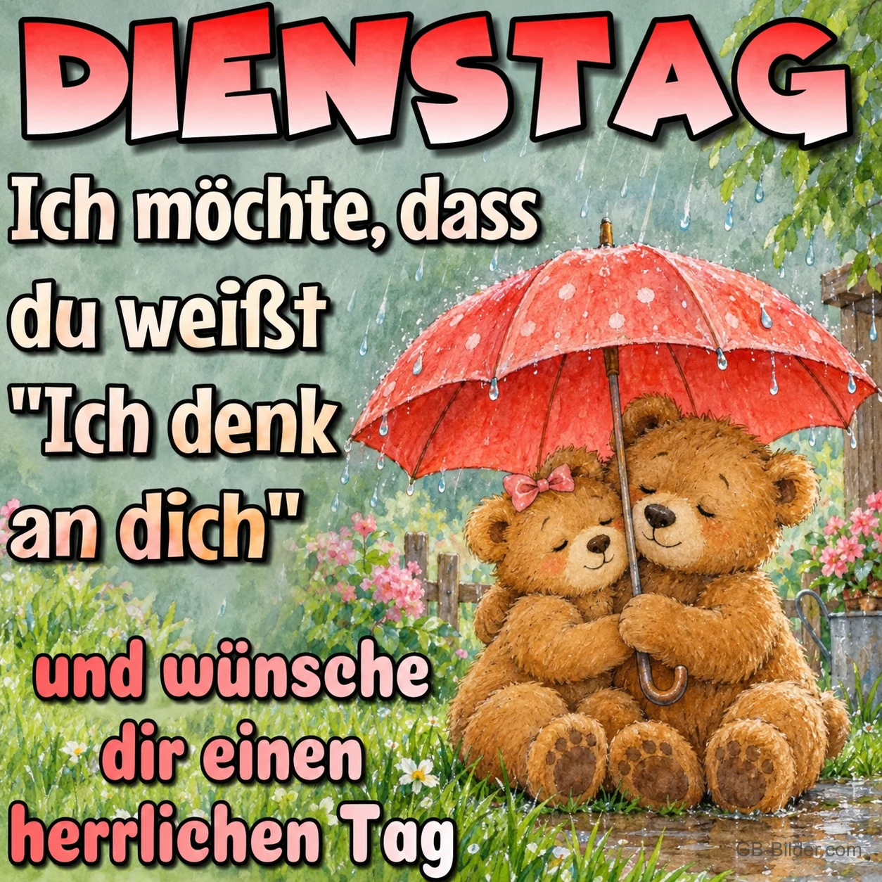 Zwei Teddybären unter einem roten Regenschirm, Text: Dienstag – Ich denk an dich und wünsche dir einen herrlichen Tag
