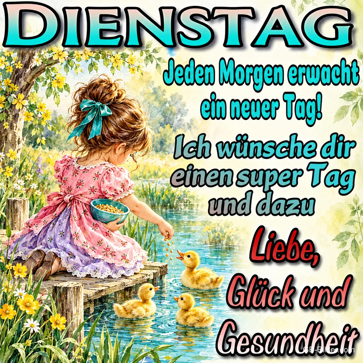 Mädchen füttert Entenküken am Teich, Text: Dienstag – Jeden Morgen erwacht ein neuer Tag! Liebe, Glück und Gesundheit