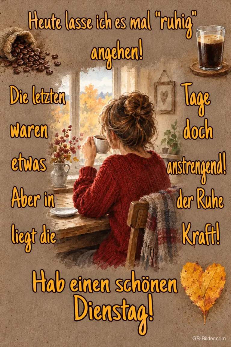 Frau mit Kaffeetasse am herbstlichen Fenster, Text: Heute lasse ich es mal ruhig angehen! Hab einen schönen Dienstag!