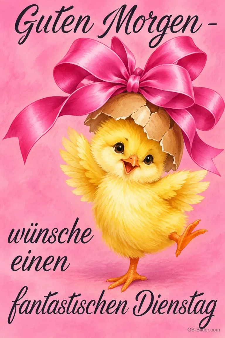 Küken mit Eierschale und rosa Schleife tanzt, Text: Guten Morgen – wünsche einen fantastischen Dienstag
