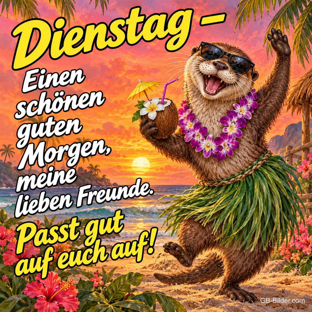 Otter mit Sonnenbrille, Blumenkette und Kokosnuss tanzt am Strand, Text: Dienstag – Einen schönen guten Morgen, meine lieben Freunde. Passt gut auf euch auf!