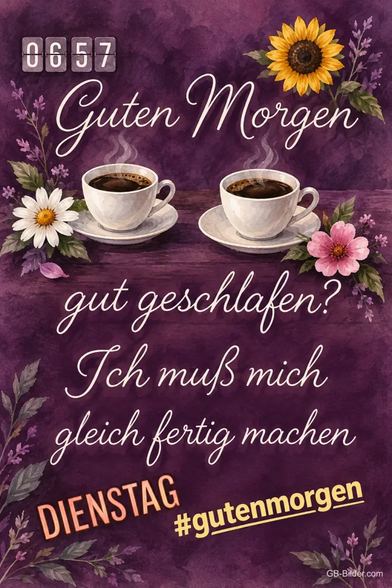 Zwei Kaffeetassen mit Blumen auf lila Grund, Text: Guten Morgen – gut geschlafen? Dienstag