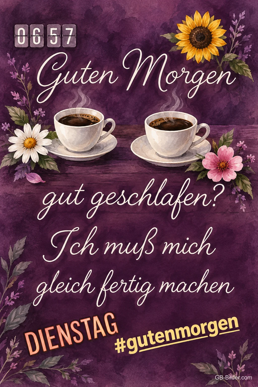 Zwei Kaffeetassen mit Blumen auf lila Grund, Text: Guten Morgen – gut geschlafen? Dienstag