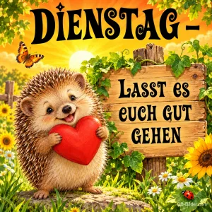 Igel hält ein rotes Herz vor einem Holzschild, Text: Dienstag – Lasst es euch gut gehen