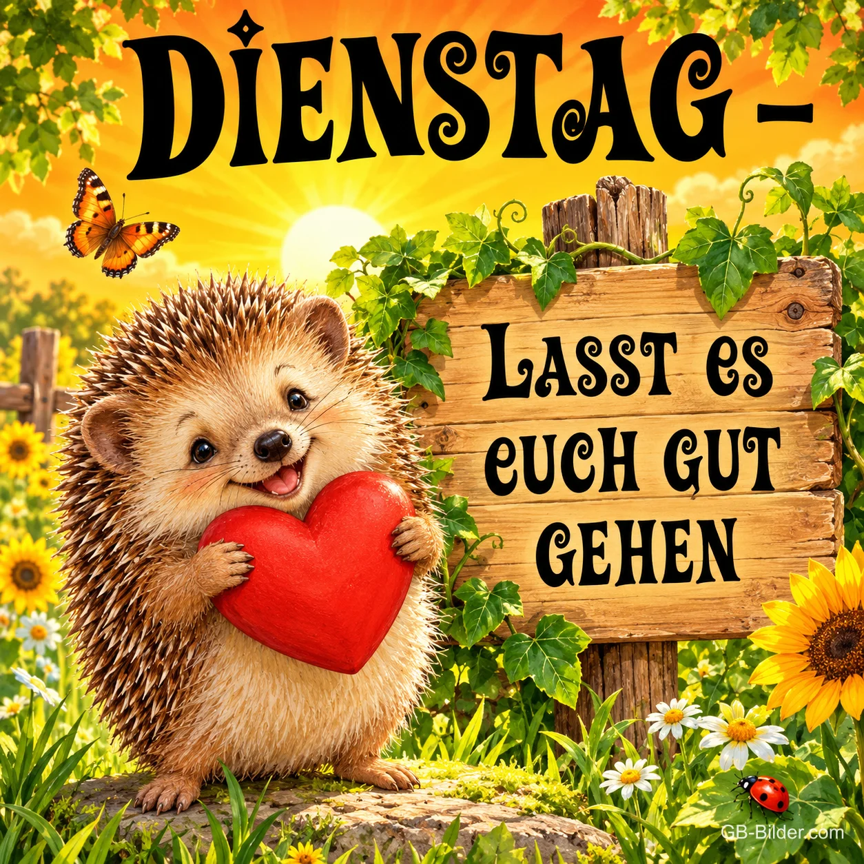 Igel hält ein rotes Herz vor einem Holzschild, Text: Dienstag – Lasst es euch gut gehen