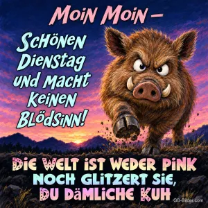 Grimmiges Wildschwein stürmt durch die Abenddämmerung, Text: Moin Moin – Schönen Dienstag und macht keinen Blödsinn! Die Welt ist weder pink noch glitzert sie, du dämliche Kuh