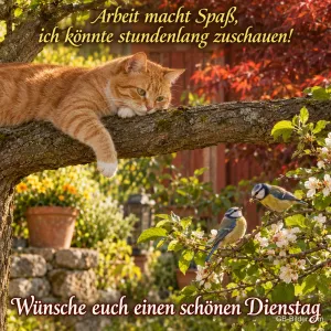 Fauler roter Kater auf einem Ast mit Blaumeisen, Text: Arbeit macht Spaß, ich könnte stundenlang zuschauen!