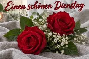 Zwei rote Rosen mit Schleierkraut, Text: Einen schönen Dienstag