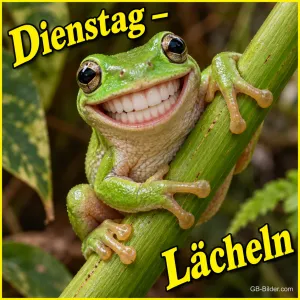 Laubfrosch grinst breit an einem Stängel, Text: Dienstag – Lächeln