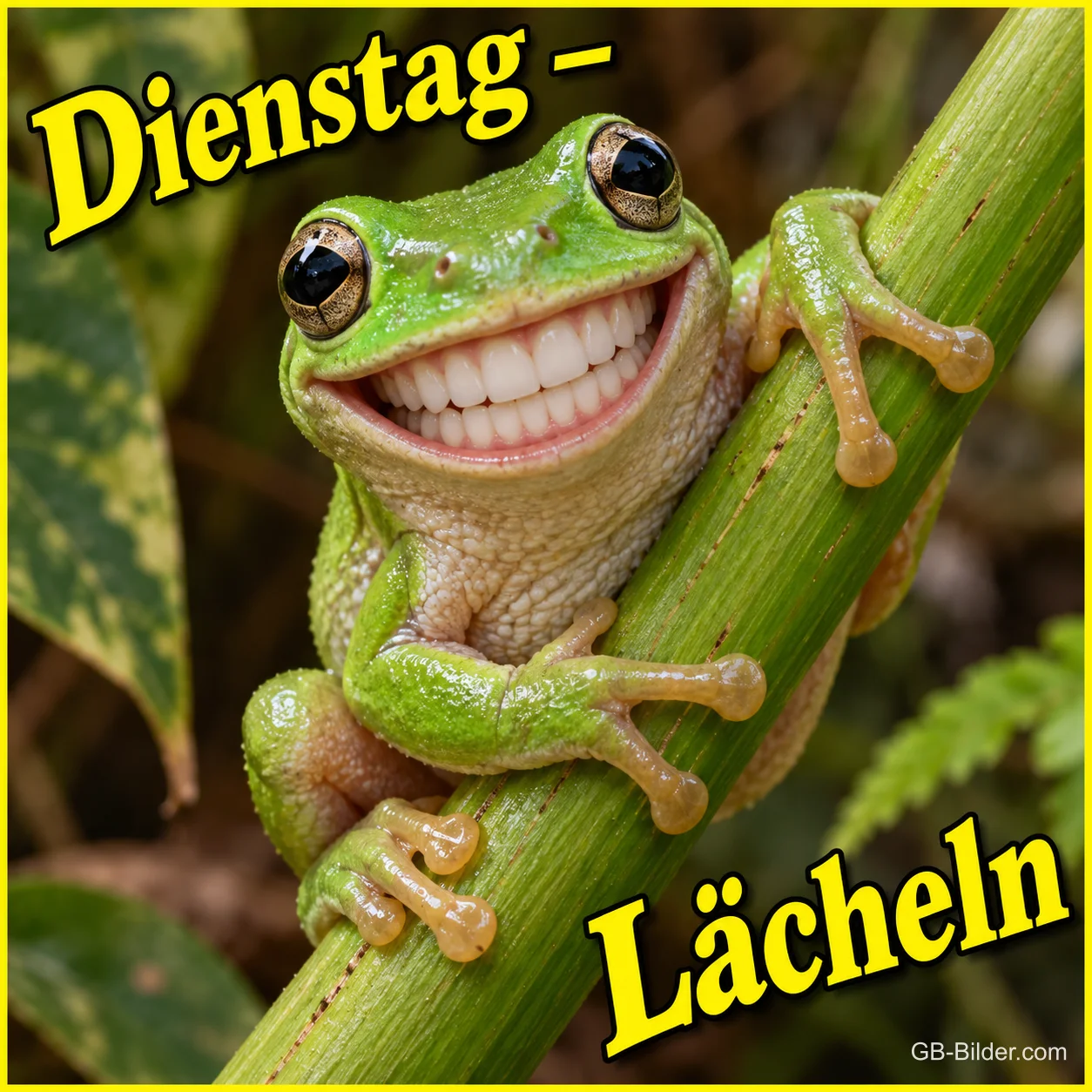 Laubfrosch grinst breit an einem Stängel, Text: Dienstag – Lächeln