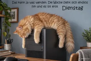 Erschöpfte rote Katze auf dem Computer, Text: Die Woche zieht sich endlos hin und es ist erst Dienstag