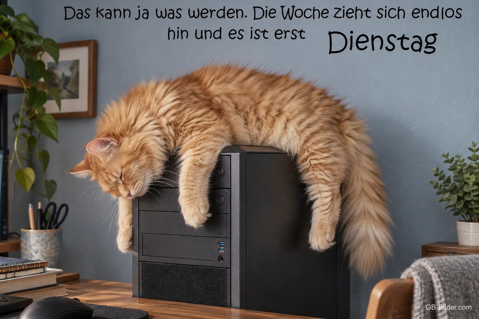 Erschöpfte rote Katze auf dem Computer, Text: Die Woche zieht sich endlos hin und es ist erst Dienstag