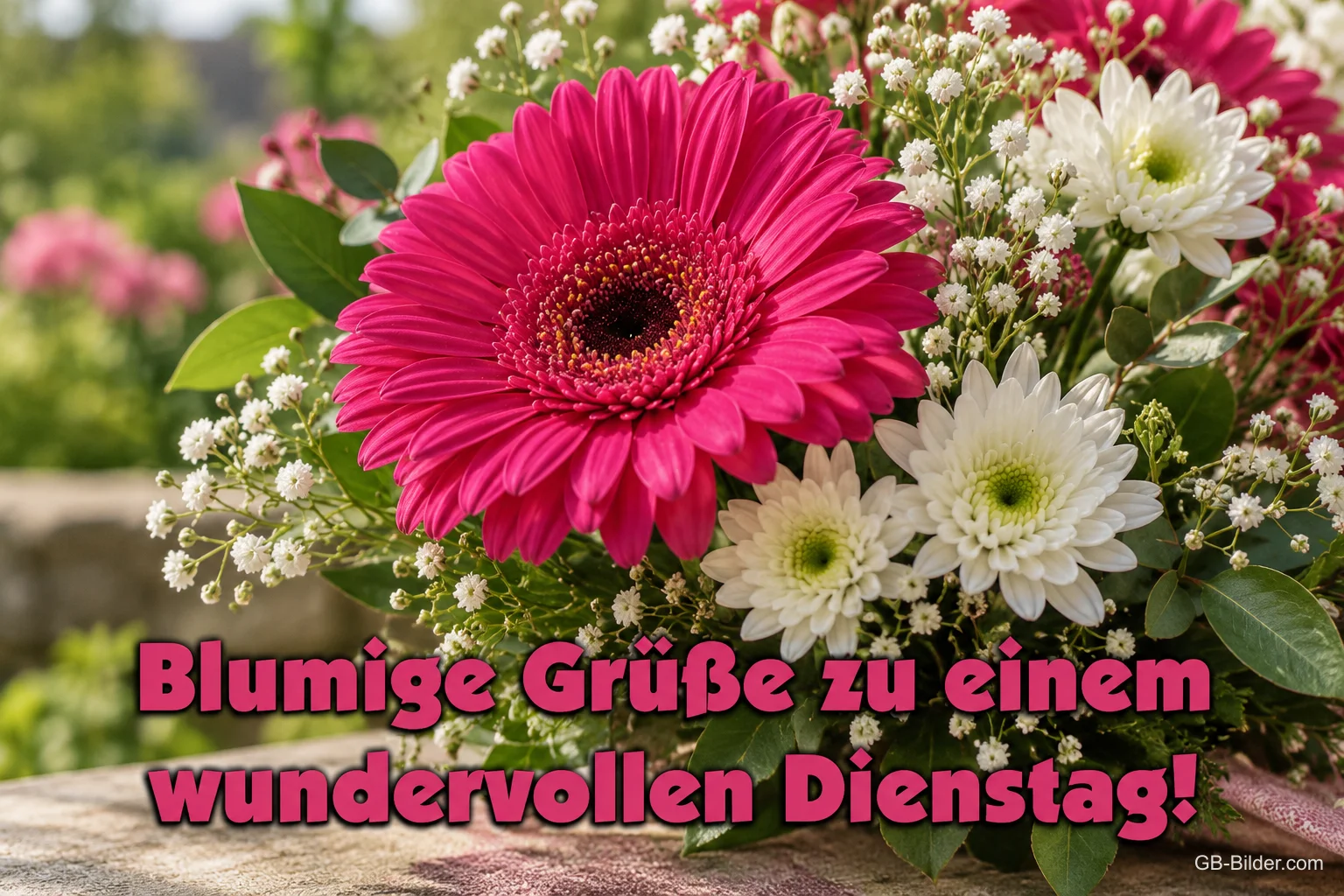 Pinke Gerbera und weiße Margeriten, Text: Blumige Grüße zu einem wundervollen Dienstag!