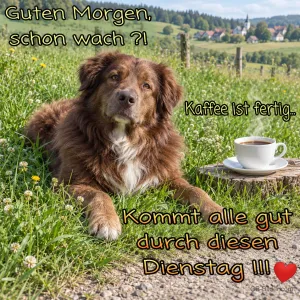 Brauner Hund mit Kaffeetasse auf der Wiese, Text: Guten Morgen, schon wach?! Kommt alle gut durch diesen Dienstag!