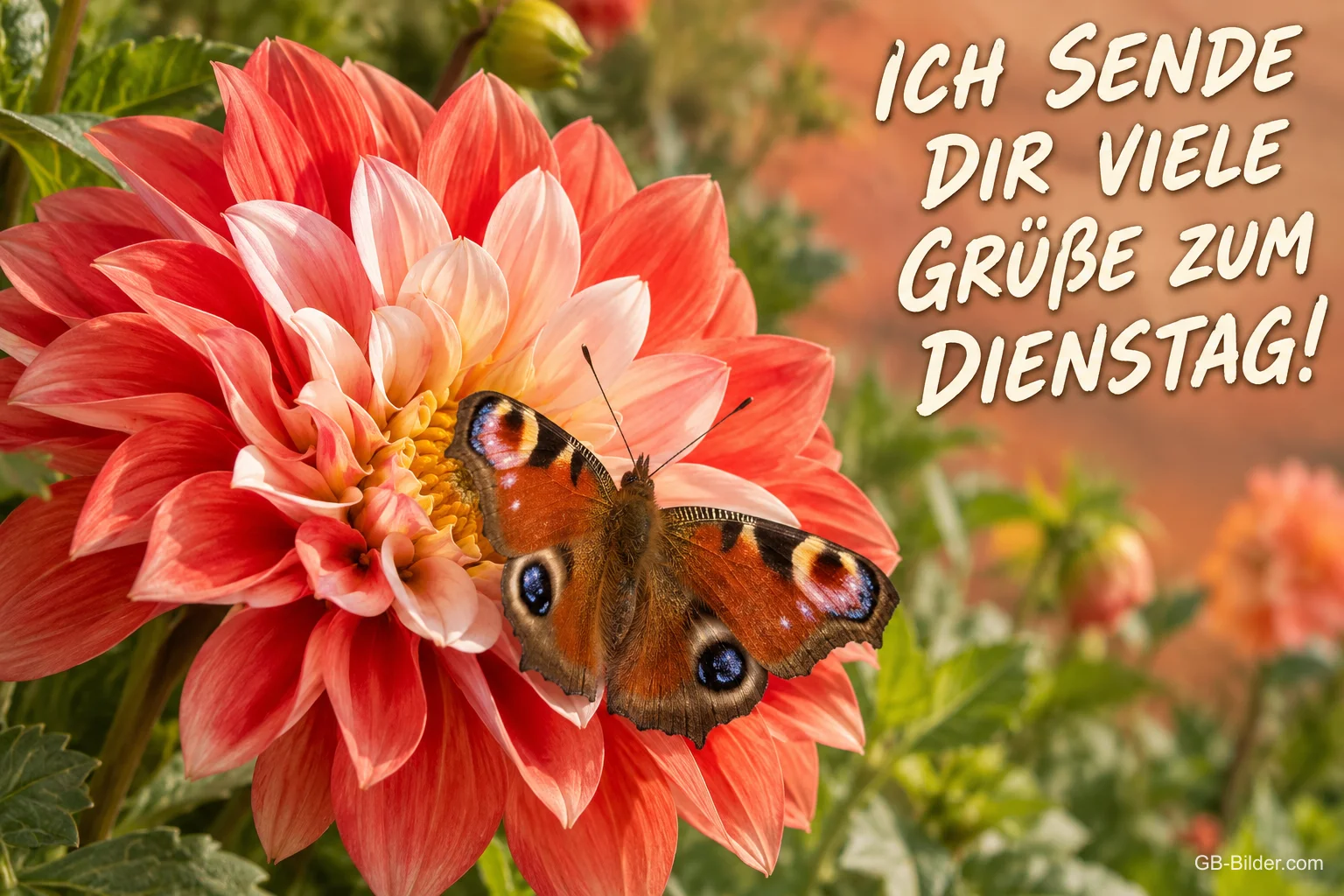 Tagpfauenauge auf einer Dahlie, Text: Ich sende dir viele Grüße zum Dienstag! Tagpfauenauge auf einer Dahlie, Text: Ich sende dir viele Grüße zum Dienstag!