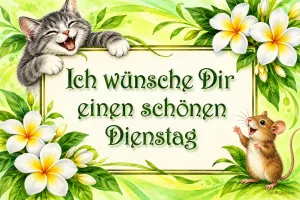 Lachendes Kätzchen und Maus an einem Schild zwischen weißen Blüten, Text: Ich wünsche Dir einen schönen Dienstag