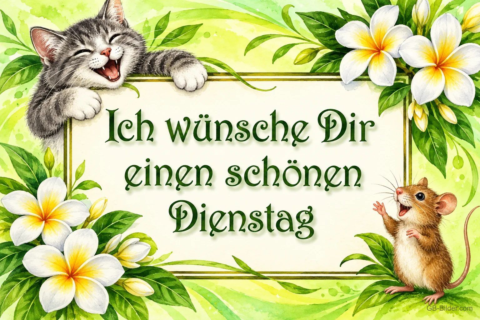 Lachendes Kätzchen und Maus an einem Schild zwischen weißen Blüten, Text: Ich wünsche Dir einen schönen Dienstag Lachendes Kätzchen und Maus an einem Schild zwischen weißen Blüten, Text: Ich wünsche Dir einen schönen Dienstag