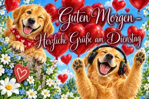 Zwei Golden Retriever, einer mit Kopfhörern, jubeln zwischen roten Herzballons, Text: Guten Morgen – Herzliche Grüße am Dienstag