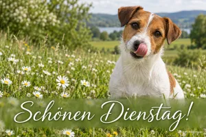 Jack Russell auf einer Blumenwiese, Text: Schönen Dienstag!