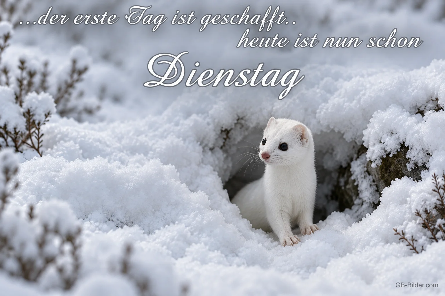 Hermelin in einer Schneehöhle, Text: der erste Tag ist geschafft, heute ist nun schon Dienstag Hermelin in einer Schneehöhle, Text: der erste Tag ist geschafft, heute ist nun schon Dienstag